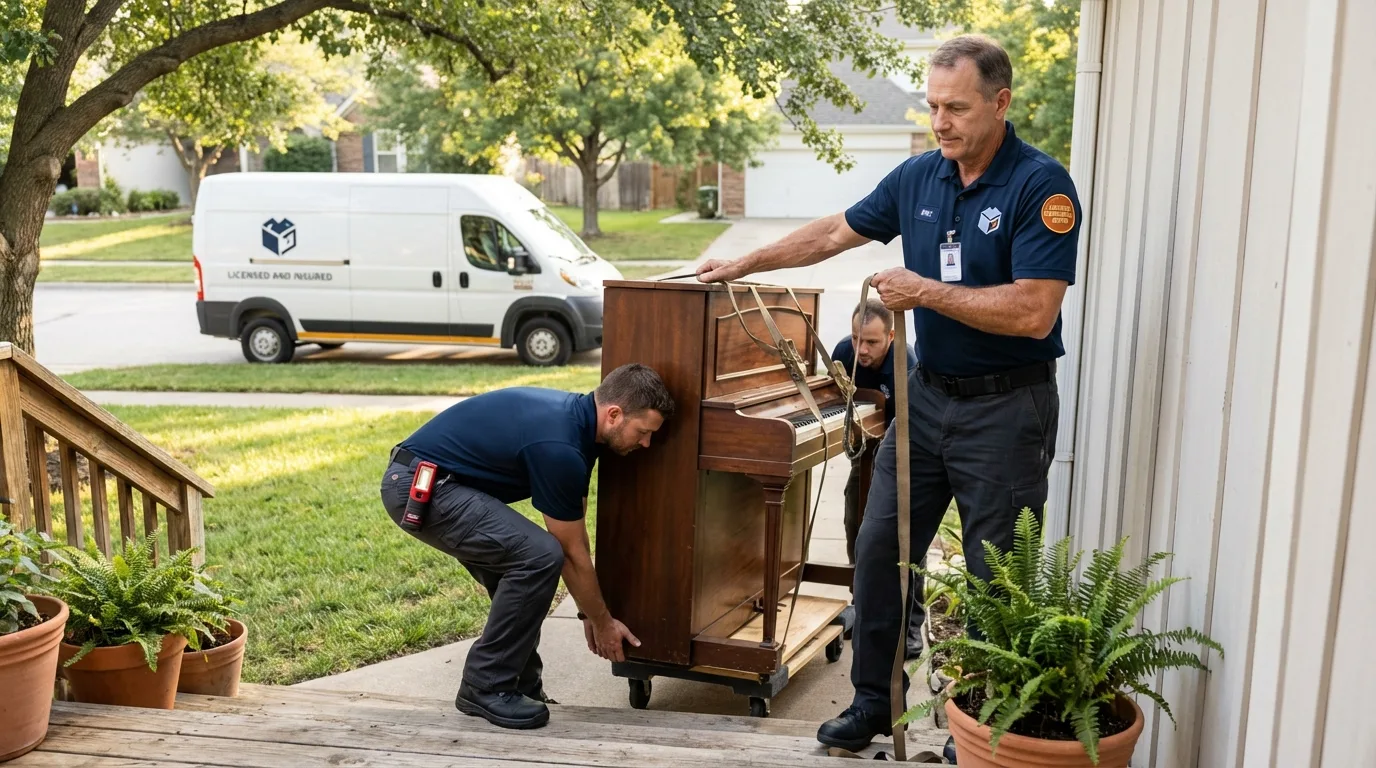 Licensed piano movers securing grand piano in Clinton, MA