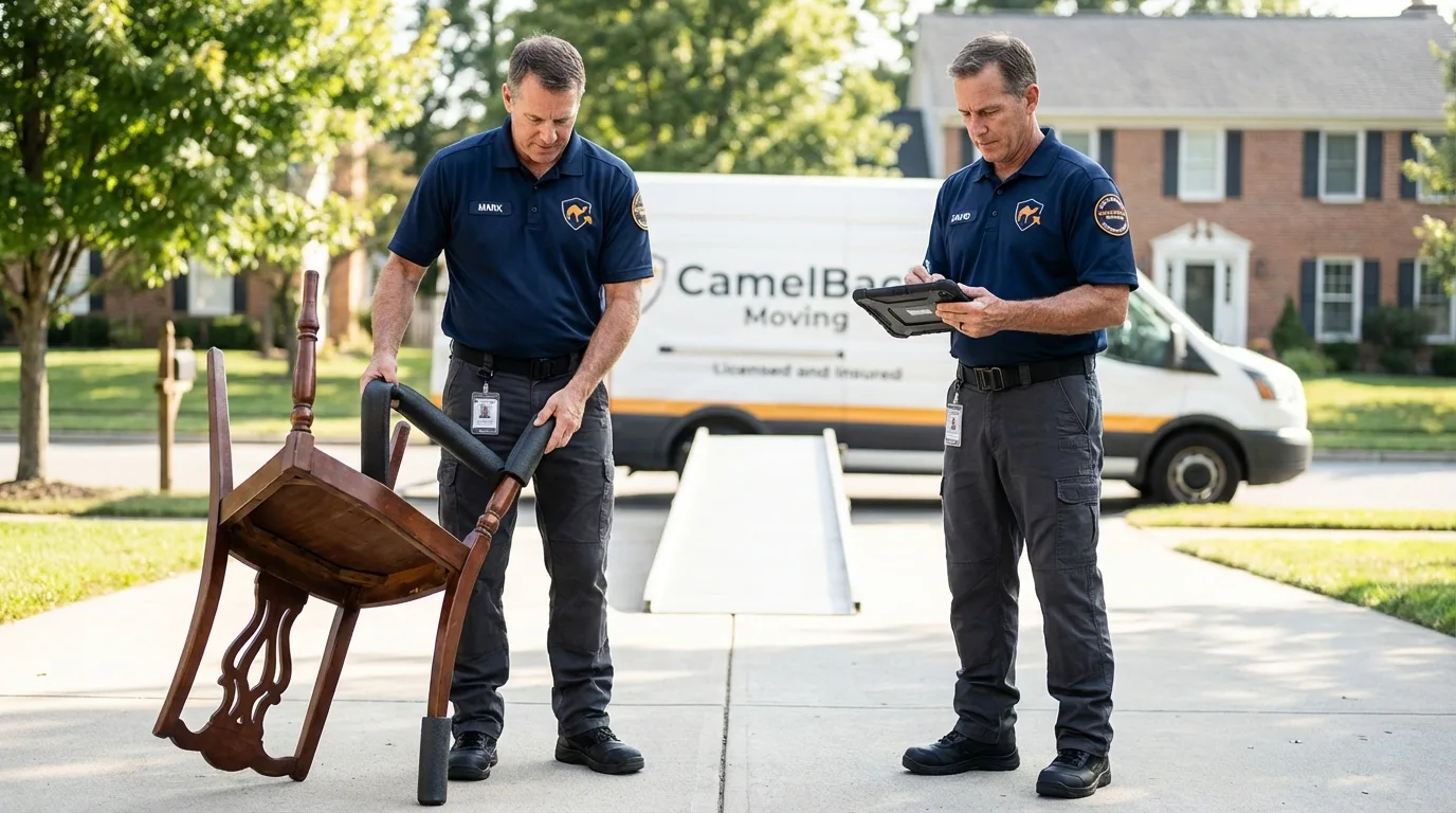 Movers inspecting furniture for damage prevention before loading in Clinton, MA