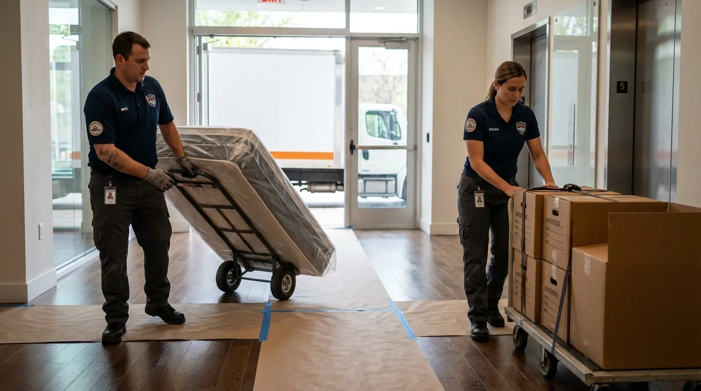 Professional apartment movers loading elevator in Clinton, MA